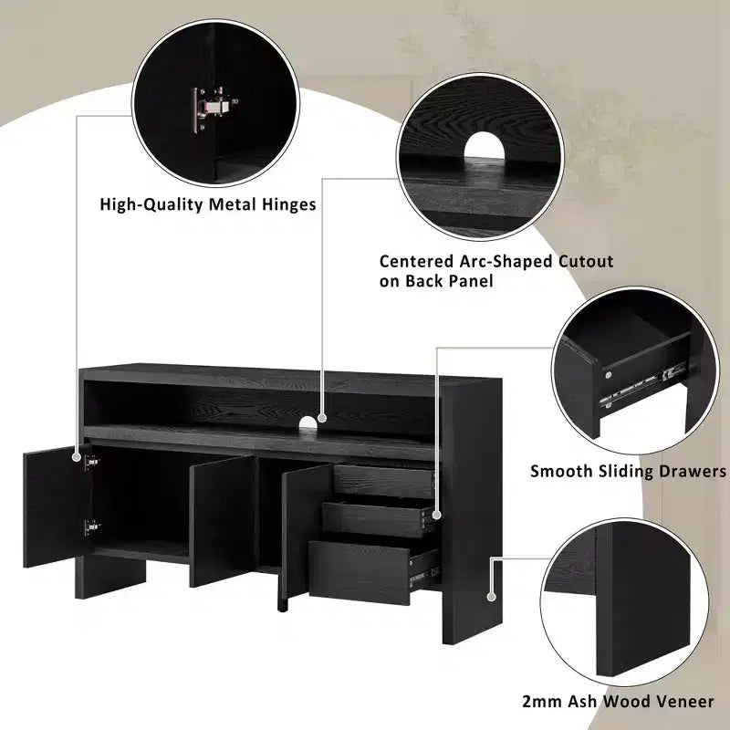 Credenza a 3 ante e 3 cassetti con mensola semiaperta, colore nero / naturale / blu navy