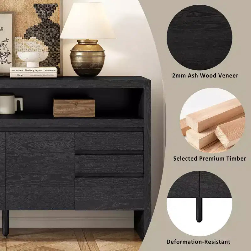 Credenza a 3 ante e 3 cassetti con mensola semiaperta, colore nero / naturale / blu navy