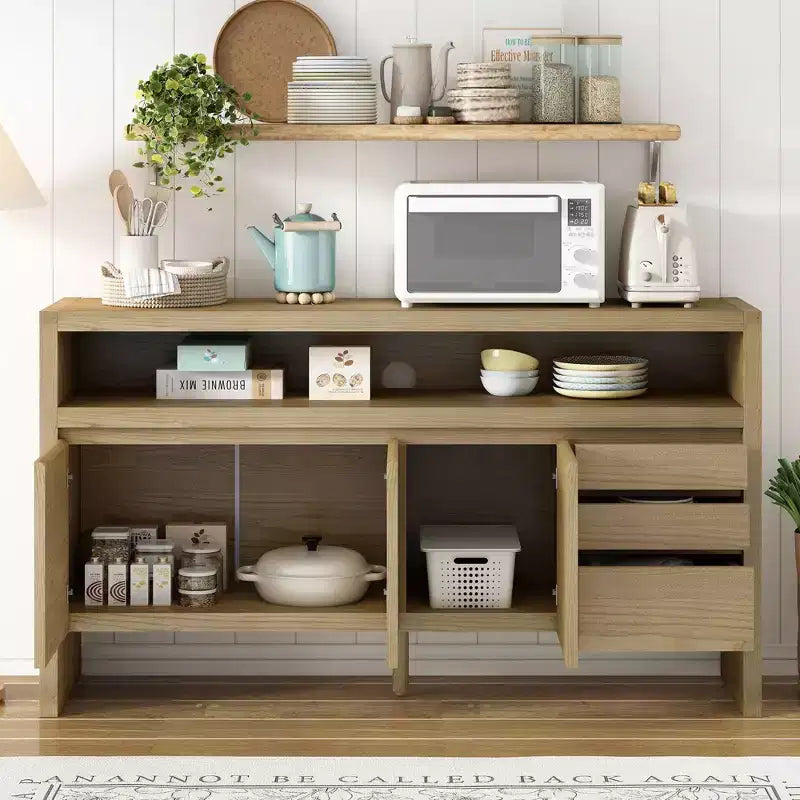 Credenza a 3 ante e 3 cassetti con mensola semiaperta, colore nero / naturale / blu navy