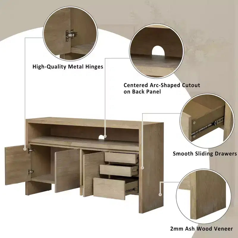 Credenza a 3 ante e 3 cassetti con mensola semiaperta, colore nero / naturale / blu navy