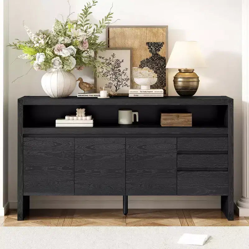 Credenza a 3 ante e 3 cassetti con mensola semiaperta, colore nero / naturale / blu navy