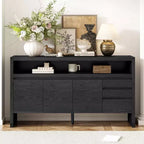 Credenza a 3 ante e 3 cassetti con mensola semiaperta, colore nero / naturale / blu navy