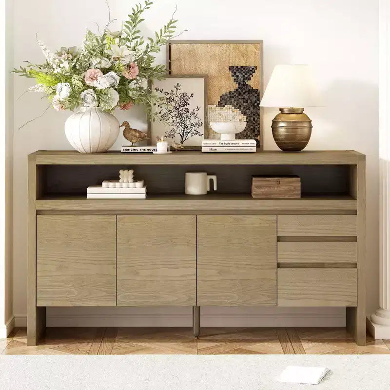 Credenza a 3 ante e 3 cassetti con mensola semiaperta, colore nero / naturale / blu navy