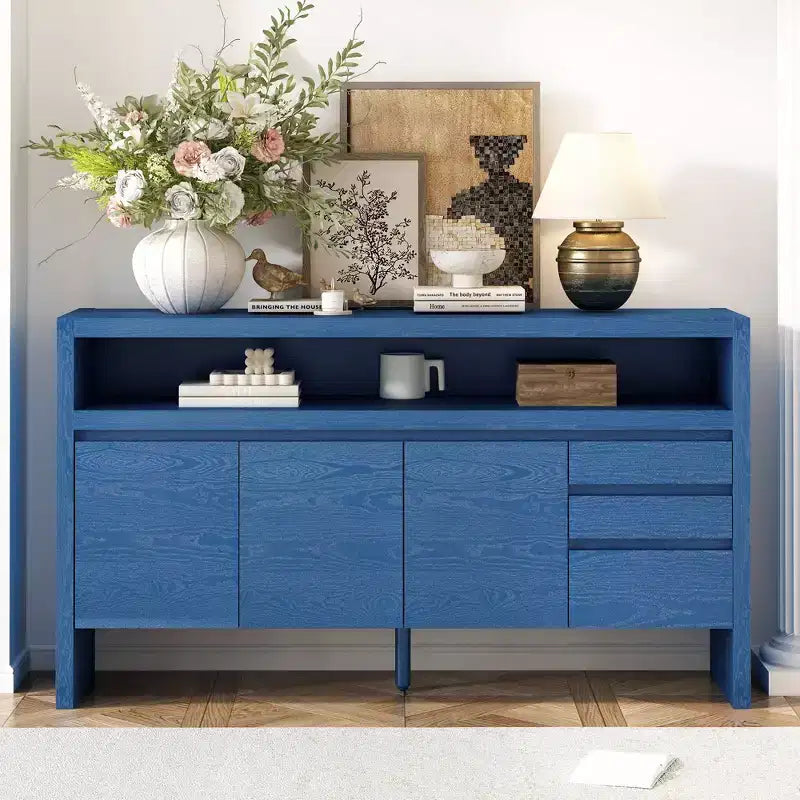 TUYOHW 3-Door Kitchen Cabinet,Sideboard with 3 Drawers,Semi-Open Shelf,Center Cutout,Solid Ash Veneer Storage Cabinet for Living Room,Dining Room