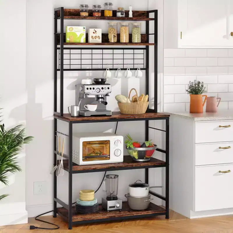 Scaffale da Panettiere Industriale Grigio con Presa Elettrica e 10 Ganci, Scaffale da Cucina a 5 Ripiani