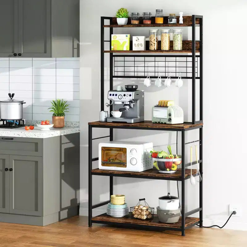 Scaffale da Panettiere Industriale Grigio con Presa Elettrica e 10 Ganci, Scaffale da Cucina a 5 Ripiani