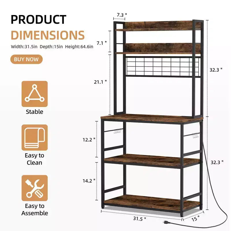 Scaffale da Panettiere Industriale Grigio con Presa Elettrica e 10 Ganci, Scaffale da Cucina a 5 Ripiani