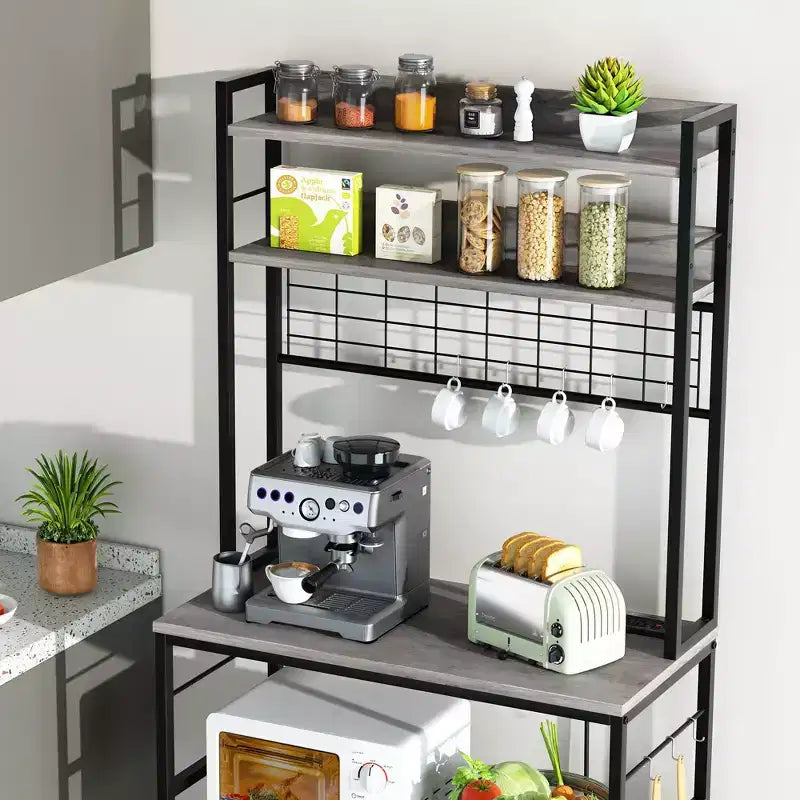 Scaffale da Panettiere Industriale Grigio con Presa Elettrica e 10 Ganci, Scaffale da Cucina a 5 Ripiani