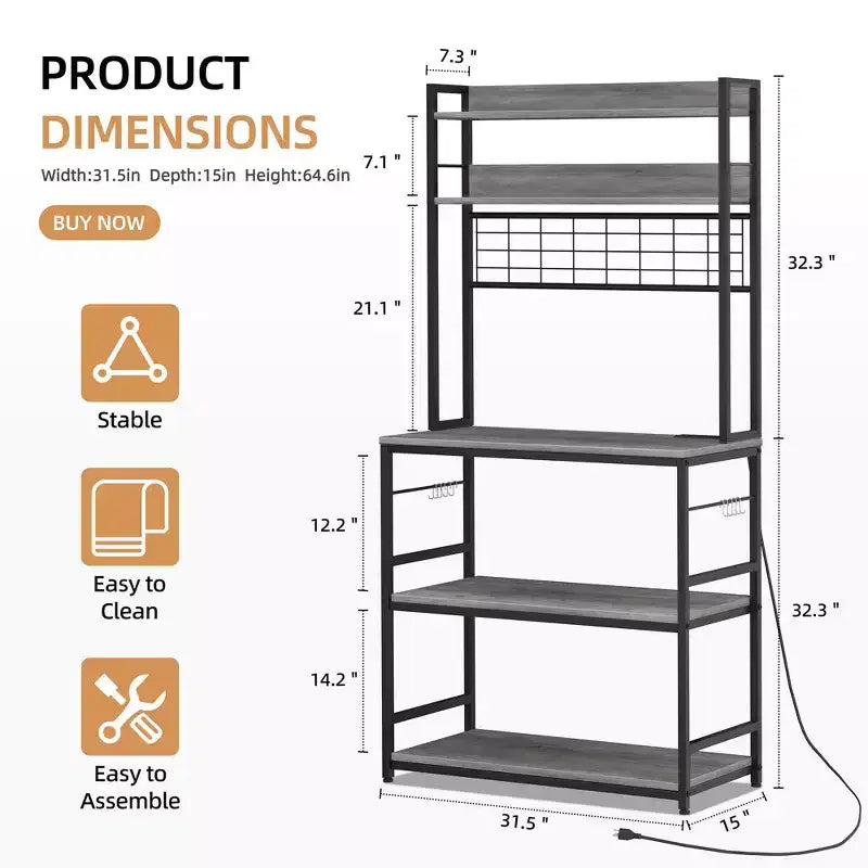 Scaffale da Panettiere Industriale Grigio con Presa Elettrica e 10 Ganci, Scaffale da Cucina a 5 Ripiani