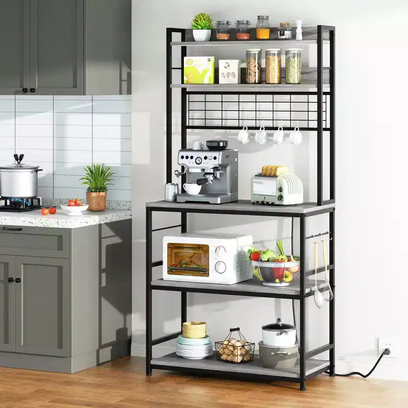 Scaffale da Panettiere Industriale Grigio con Presa Elettrica e 10 Ganci, Scaffale da Cucina a 5 Ripiani