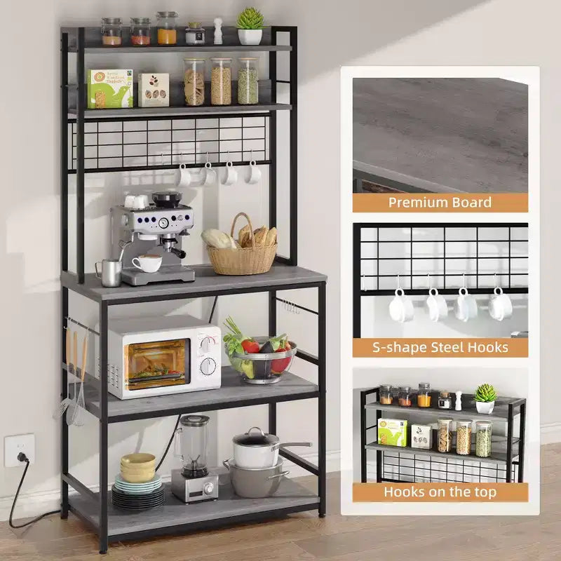 Scaffale da Panettiere Industriale Grigio con Presa Elettrica e 10 Ganci, Scaffale da Cucina a 5 Ripiani