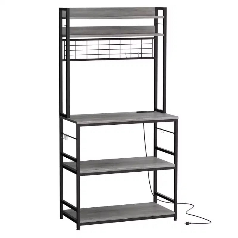 Scaffale da Panettiere Industriale Grigio con Presa Elettrica e 10 Ganci, Scaffale da Cucina a 5 Ripiani