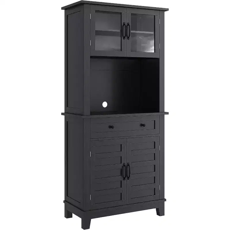 72 Inch Tall Kitchen Pantry Cabinet with Glass Doors and Drawer Adjustable Shelves for Dining Living Room Black