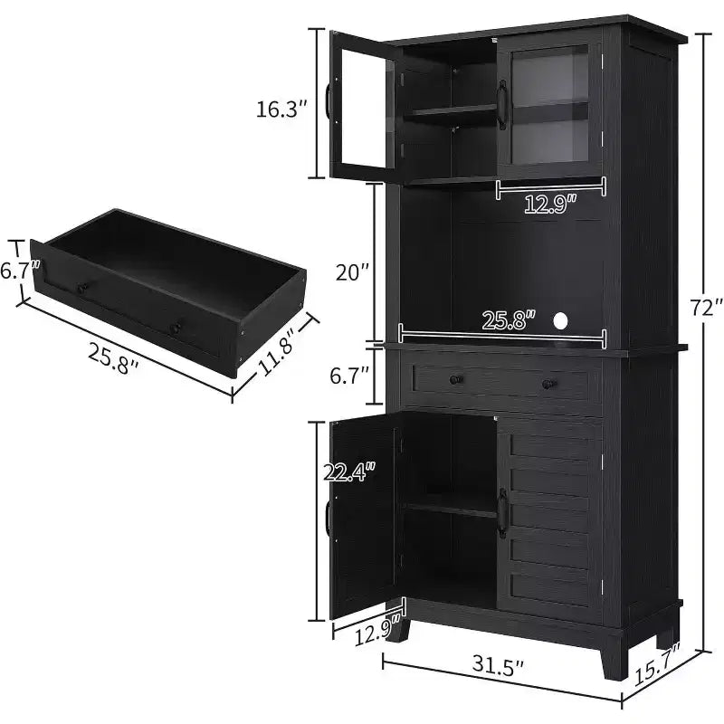Dispensa Nera in Legno con Ante in Vetro e Cassetto, Montaggio per 1 Persona