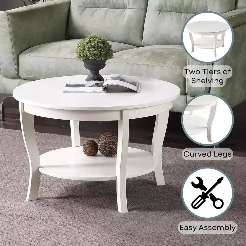 Tavolino rotondo a 2 ripiani, noce/bianco, base a 4 gambe, singolo