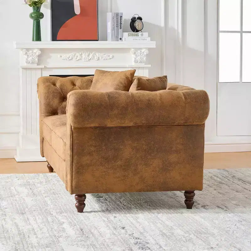Divano Chesterfield 3 posti nero/marrone, braccioli arrotondati, ecopelle, struttura in legno