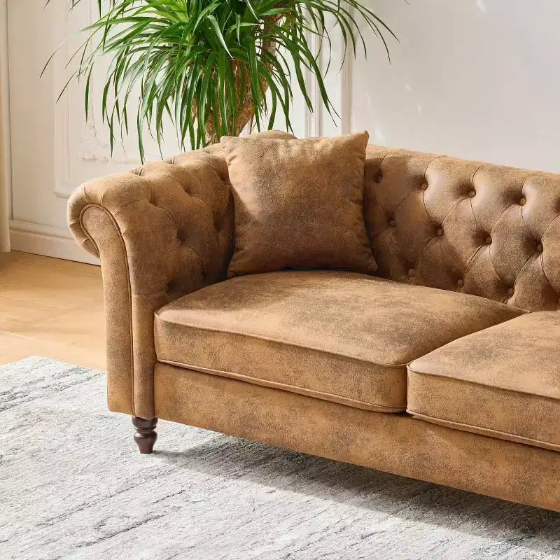 Divano Chesterfield 3 posti nero/marrone, braccioli arrotondati, ecopelle, struttura in legno