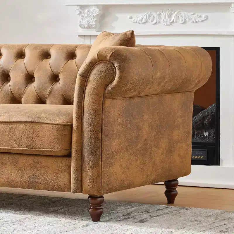 Divano Chesterfield 3 posti nero/marrone, braccioli arrotondati, ecopelle, struttura in legno