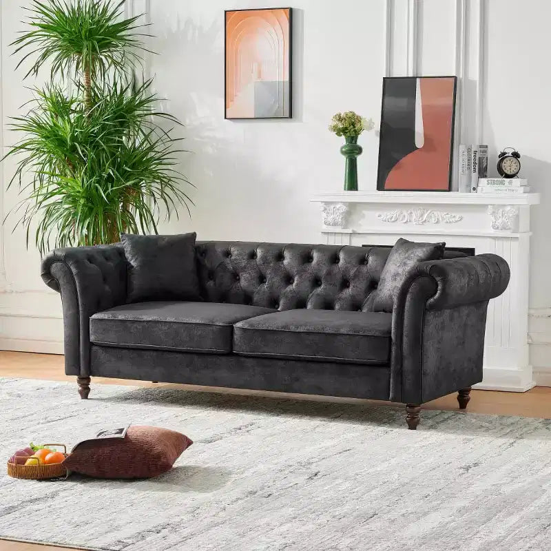 Divano Chesterfield 3 posti nero/marrone, braccioli arrotondati, ecopelle, struttura in legno