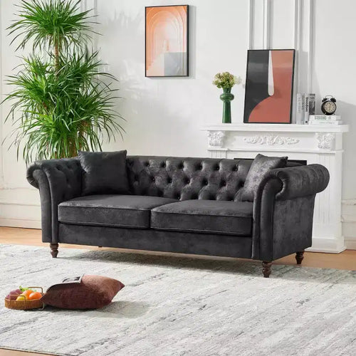 Divano Chesterfield 3 posti nero/marrone, braccioli arrotondati, ecopelle, struttura in legno