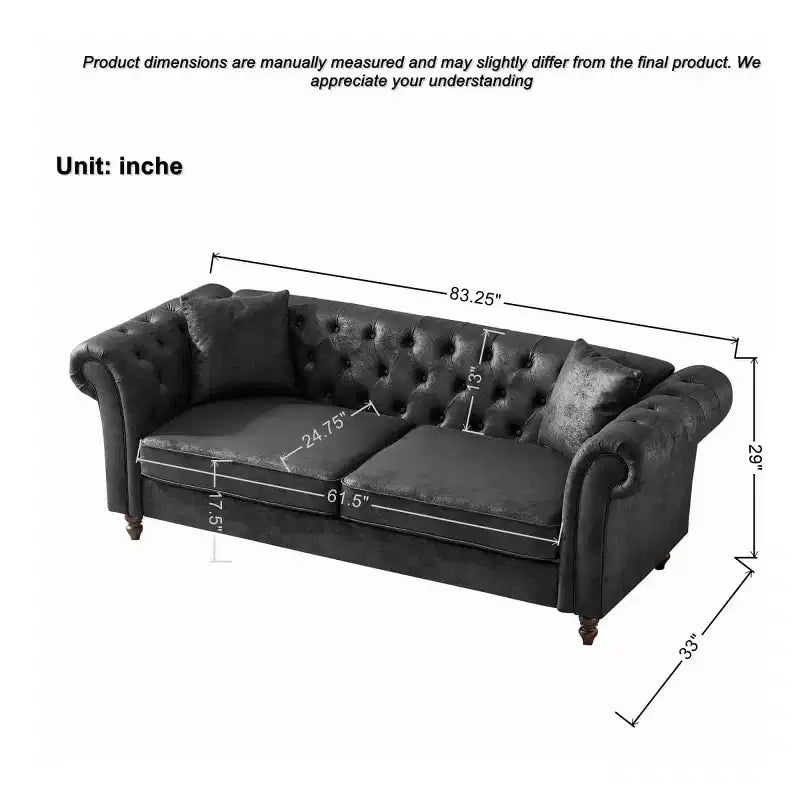 Divano Chesterfield 3 posti nero/marrone, braccioli arrotondati, ecopelle, struttura in legno