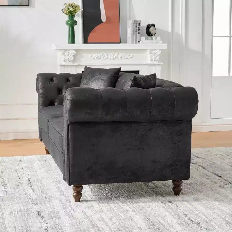 Divano Chesterfield 3 posti nero/marrone, braccioli arrotondati, ecopelle, struttura in legno