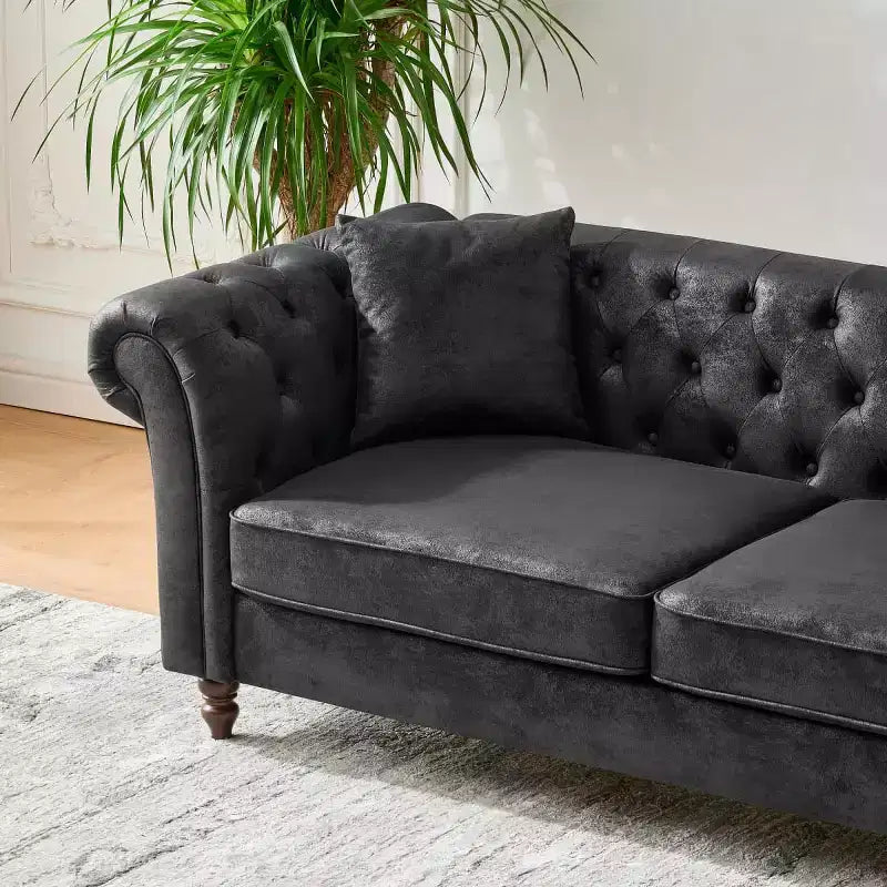 Divano Chesterfield 3 posti nero/marrone, braccioli arrotondati, ecopelle, struttura in legno