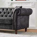 Divano Chesterfield 3 posti nero/marrone, braccioli arrotondati, ecopelle, struttura in legno