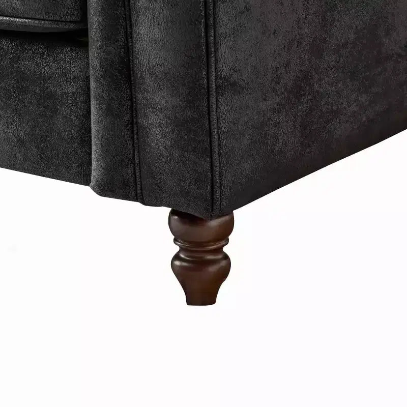 Divano Chesterfield 3 posti nero/marrone, braccioli arrotondati, ecopelle, struttura in legno