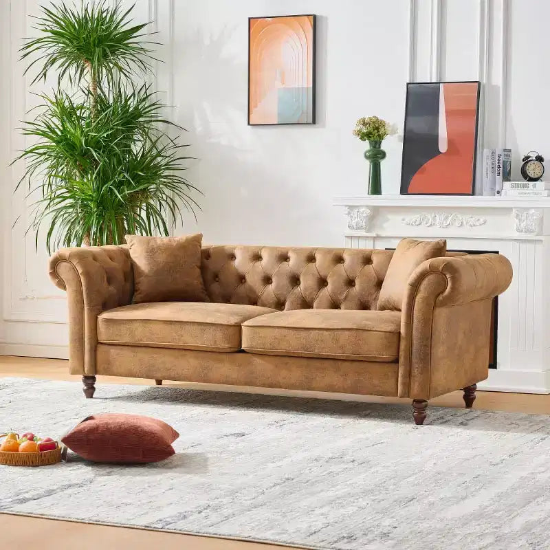 Divano Chesterfield 3 posti nero/marrone, braccioli arrotondati, ecopelle, struttura in legno