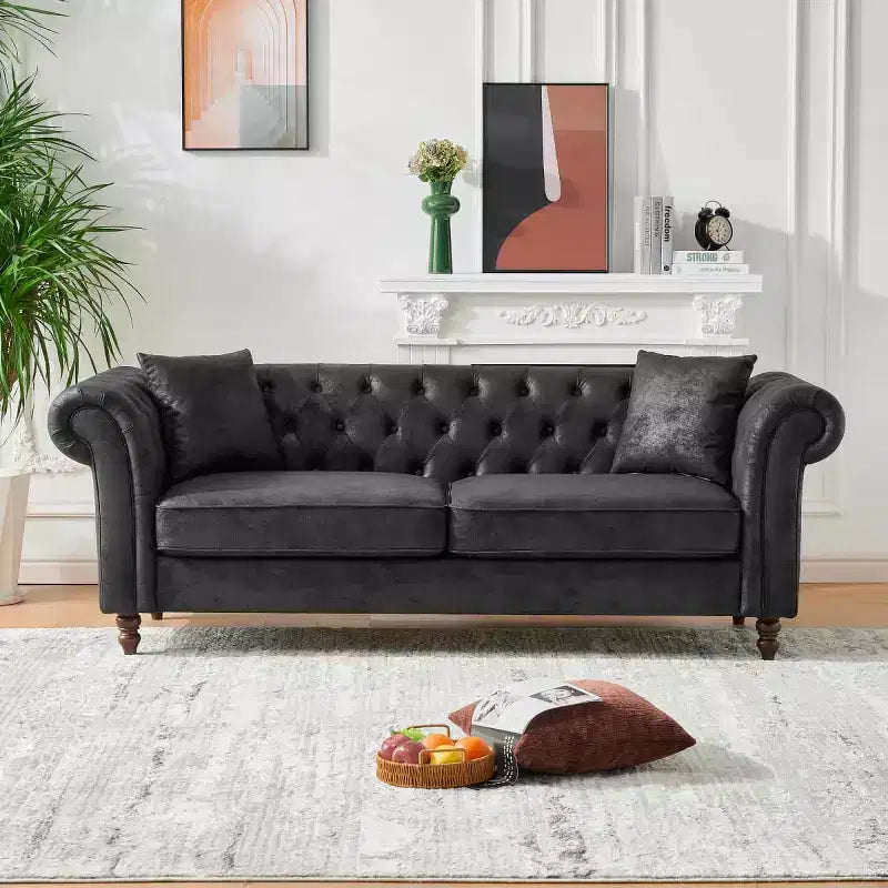 Traditional 3-Seater Chesterfield Sofa with Rolled Arms and Wood Frame, PU Leather Accent Sofa Couch for Living Room or Lounge - Panipeachy