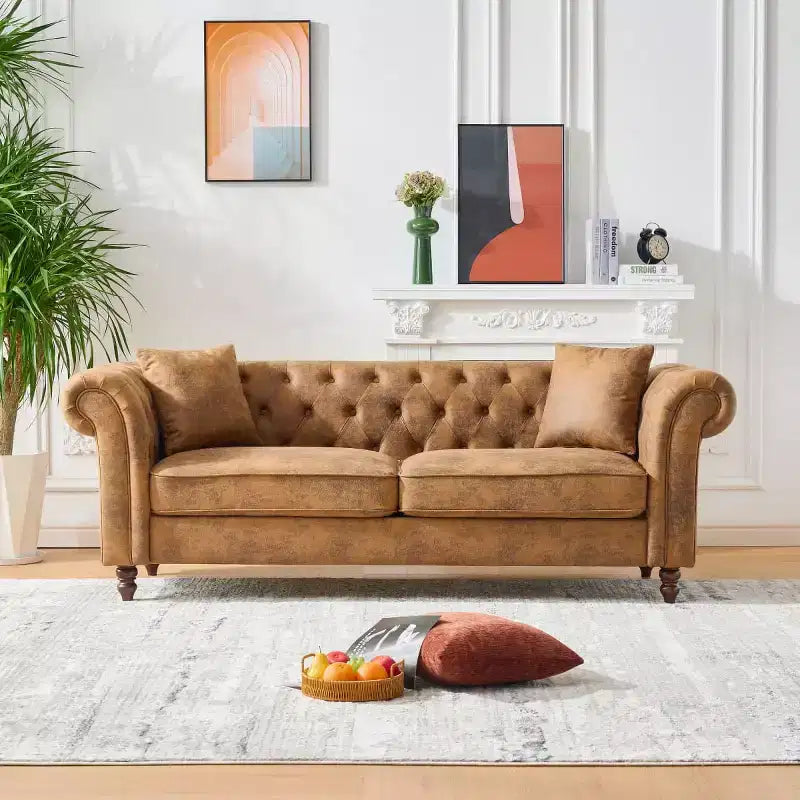 Divano Chesterfield 3 posti nero/marrone, braccioli arrotondati, ecopelle, struttura in legno