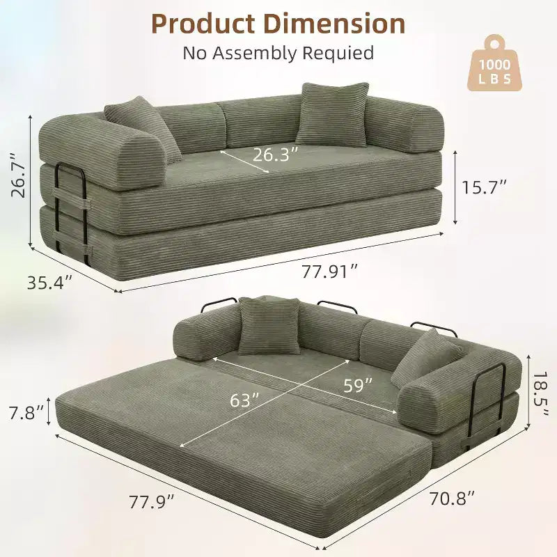 Divano letto futon convertibile 4 in 1, velluto a coste, 2 posti, vari colori