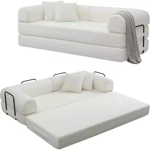 MooxvMoo 4-in-1 Convertible Queen Sleeper Sofa Bed, Foldable Corduroy Futon with Fixed Frame & Pillow, for Living Room, Bedroom, Apartment