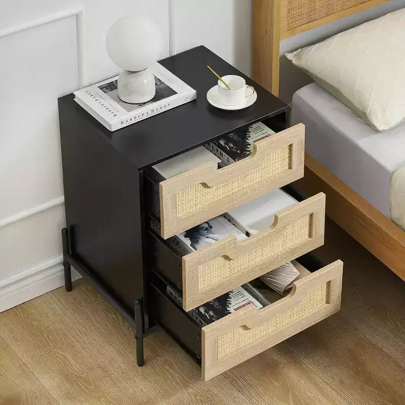 Rattan Nightstand with 3 Drawers, Farmhouse End Table & Dresser Cabinet with Metal Legs, Organizer for Living Room, Bedroom, Hallway