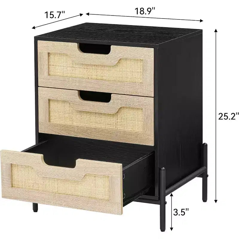Comodino Quadrato in Rattan Nero a 3 Cassetti con Gambe in Metallo – Montaggio per 1 Persona