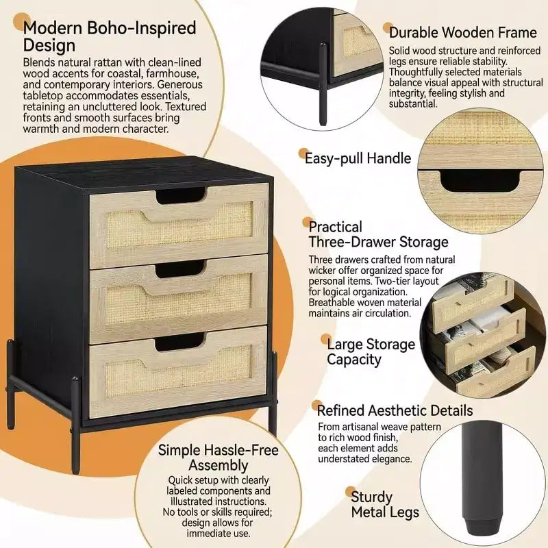Comodino Quadrato in Rattan Nero a 3 Cassetti con Gambe in Metallo – Montaggio per 1 Persona