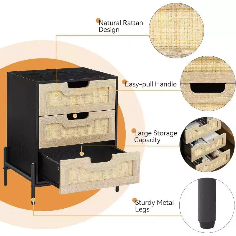 Comodino Quadrato in Rattan Nero a 3 Cassetti con Gambe in Metallo – Montaggio per 1 Persona