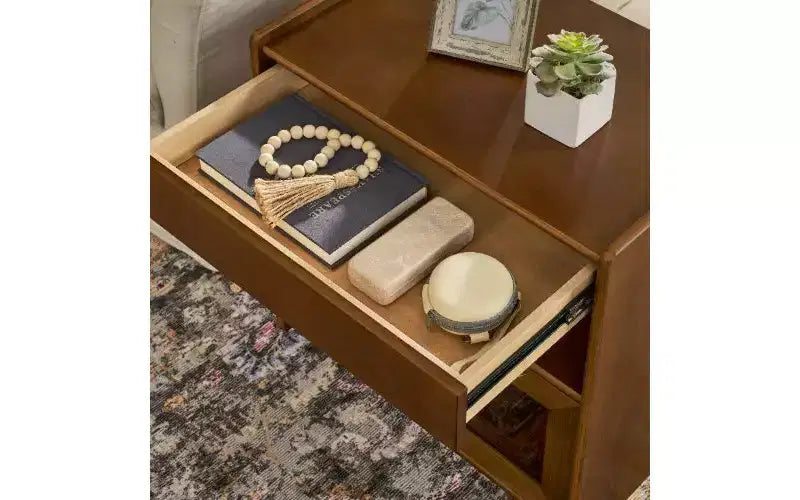 Comodino in noce scuro/noce chiaro con stazione di ricarica e cassetto in vetro, stile moderno di metà secolo, 1 pezzo