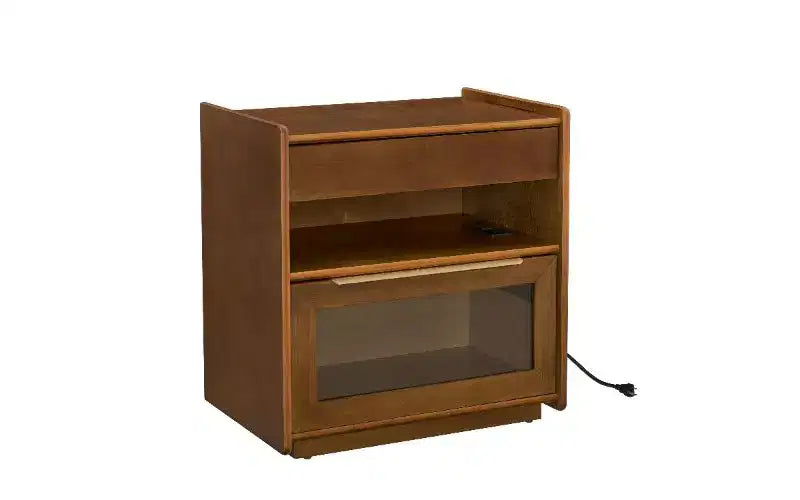 Comodino in noce scuro/noce chiaro con stazione di ricarica e cassetto in vetro, stile moderno di metà secolo, 1 pezzo