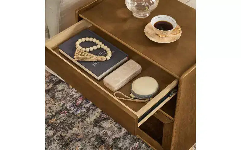 Comodino in noce scuro/noce chiaro con stazione di ricarica e cassetto in vetro, stile moderno di metà secolo, 1 pezzo