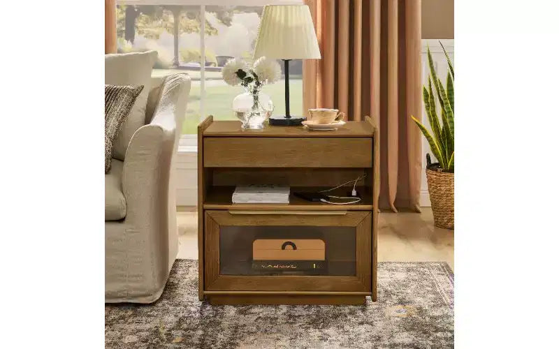 Comodino in noce scuro/noce chiaro con stazione di ricarica e cassetto in vetro, stile moderno di metà secolo, 1 pezzo