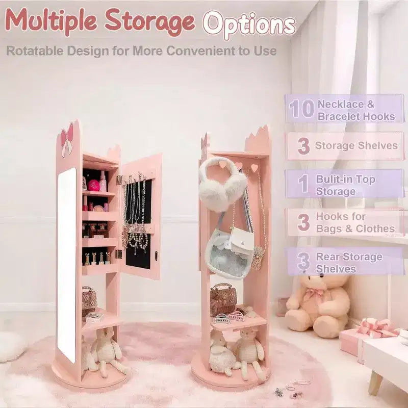Portagioie per bambini con fiocco rosa e specchio, base girevole a 360°, uso singolo