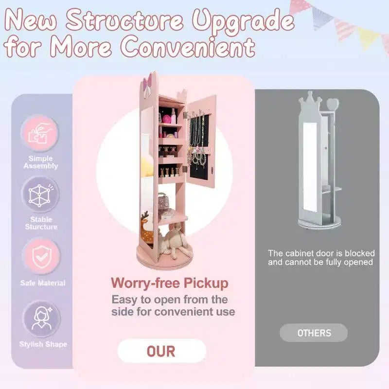 Portagioie per bambini con fiocco rosa e specchio, base girevole a 360°, uso singolo