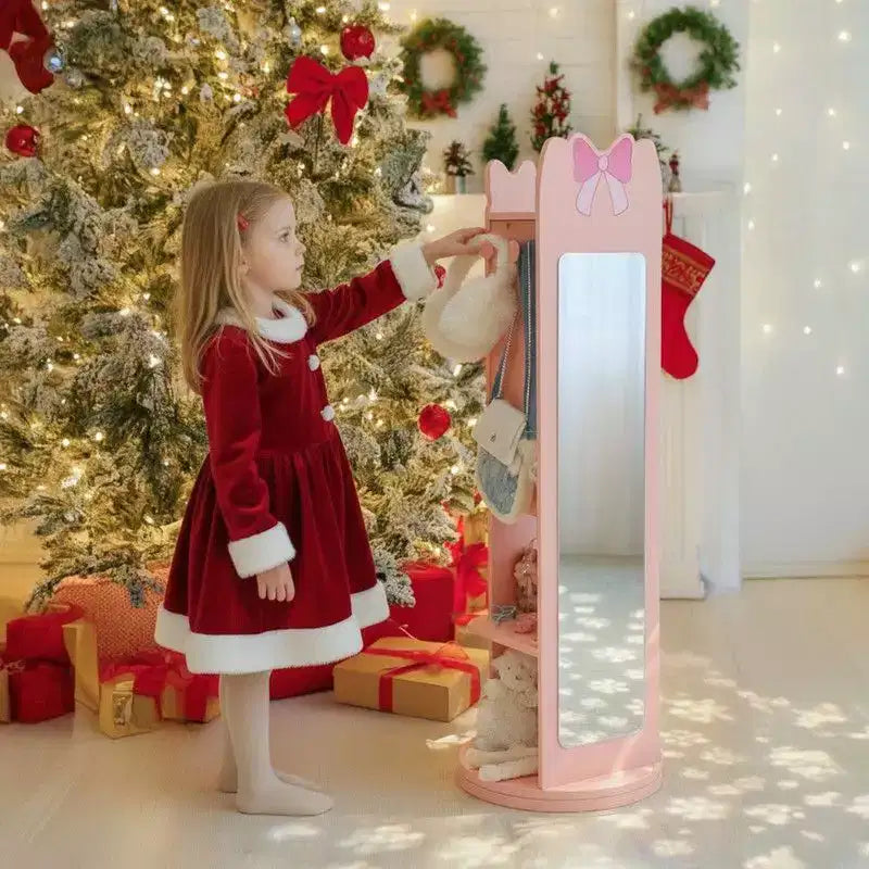 Portagioie per bambini con fiocco rosa e specchio, base girevole a 360°, uso singolo
