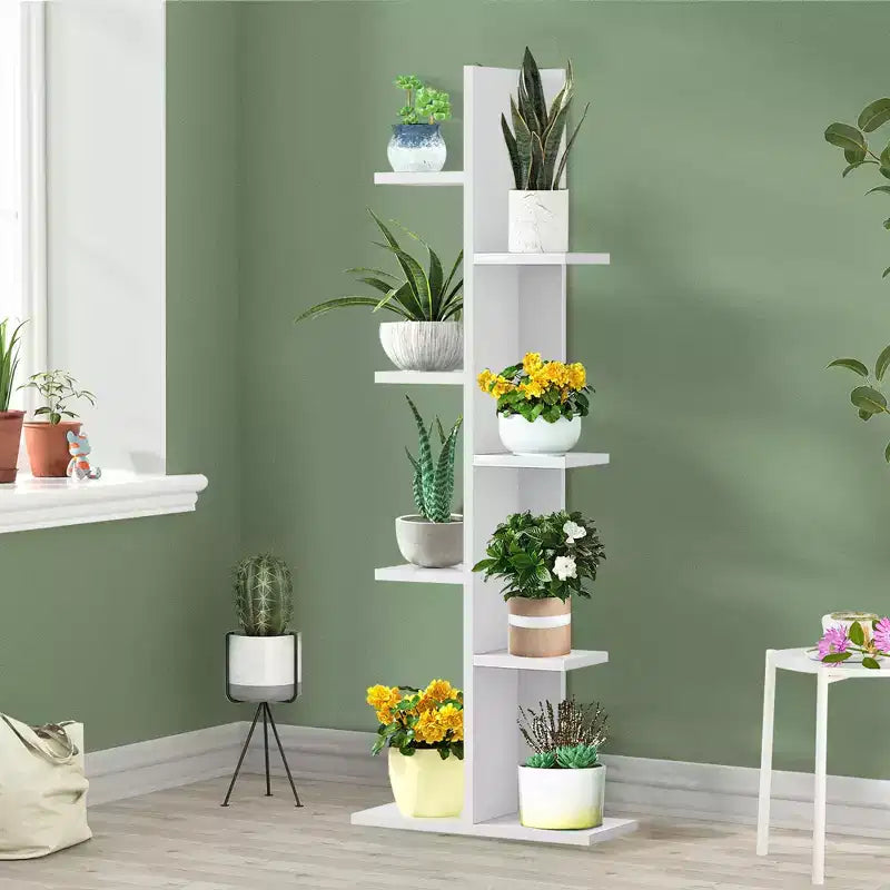 Scaffale da esposizione a zigzag a 7 ripiani marrone/bianco – Legno MDF, Montaggio a 1 persona