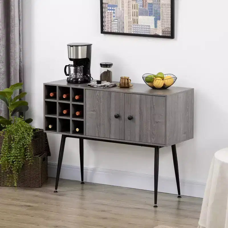 Mobile bar cantina rustico marrone, portabottiglie da 9, ripiano regolabile, credenza a 2 ante