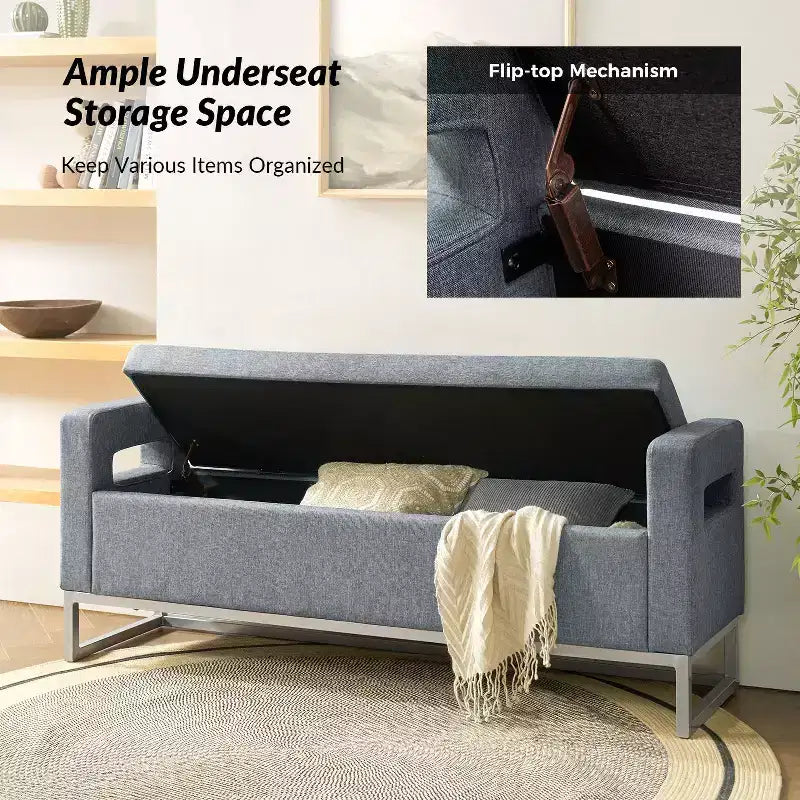 Panca Contenitore Imbottita, Beige/Blu/Grigio/Lino/Blu marino, Rettangolare