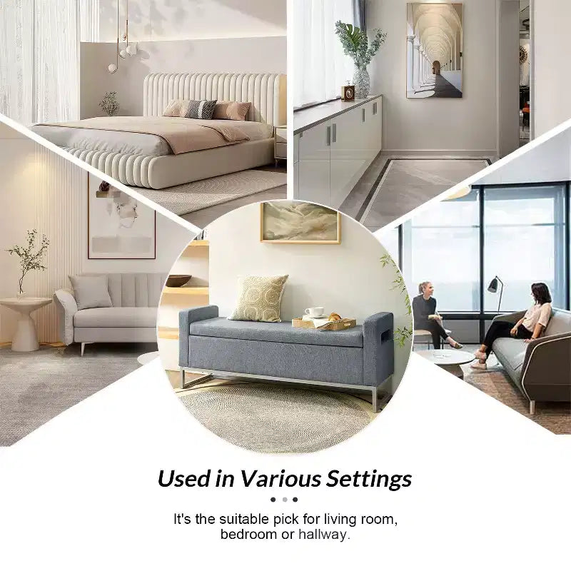 Panca Contenitore Imbottita, Beige/Blu/Grigio/Lino/Blu marino, Rettangolare