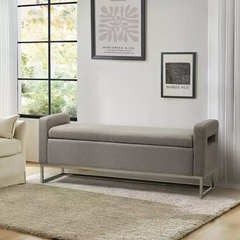 Panca Contenitore Imbottita, Beige/Blu/Grigio/Lino/Blu marino, Rettangolare